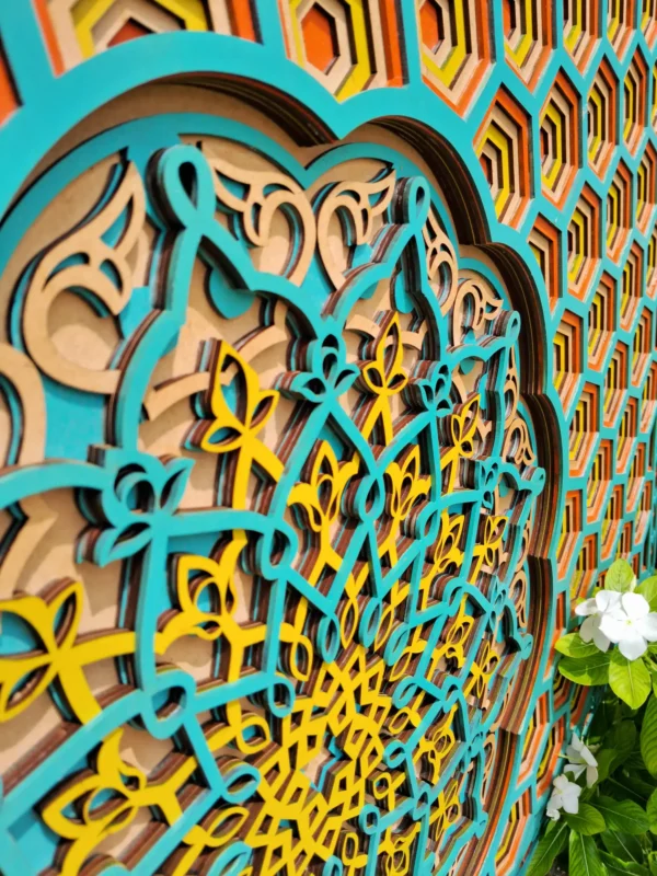 Turquoise yellow hexagon wall art 2