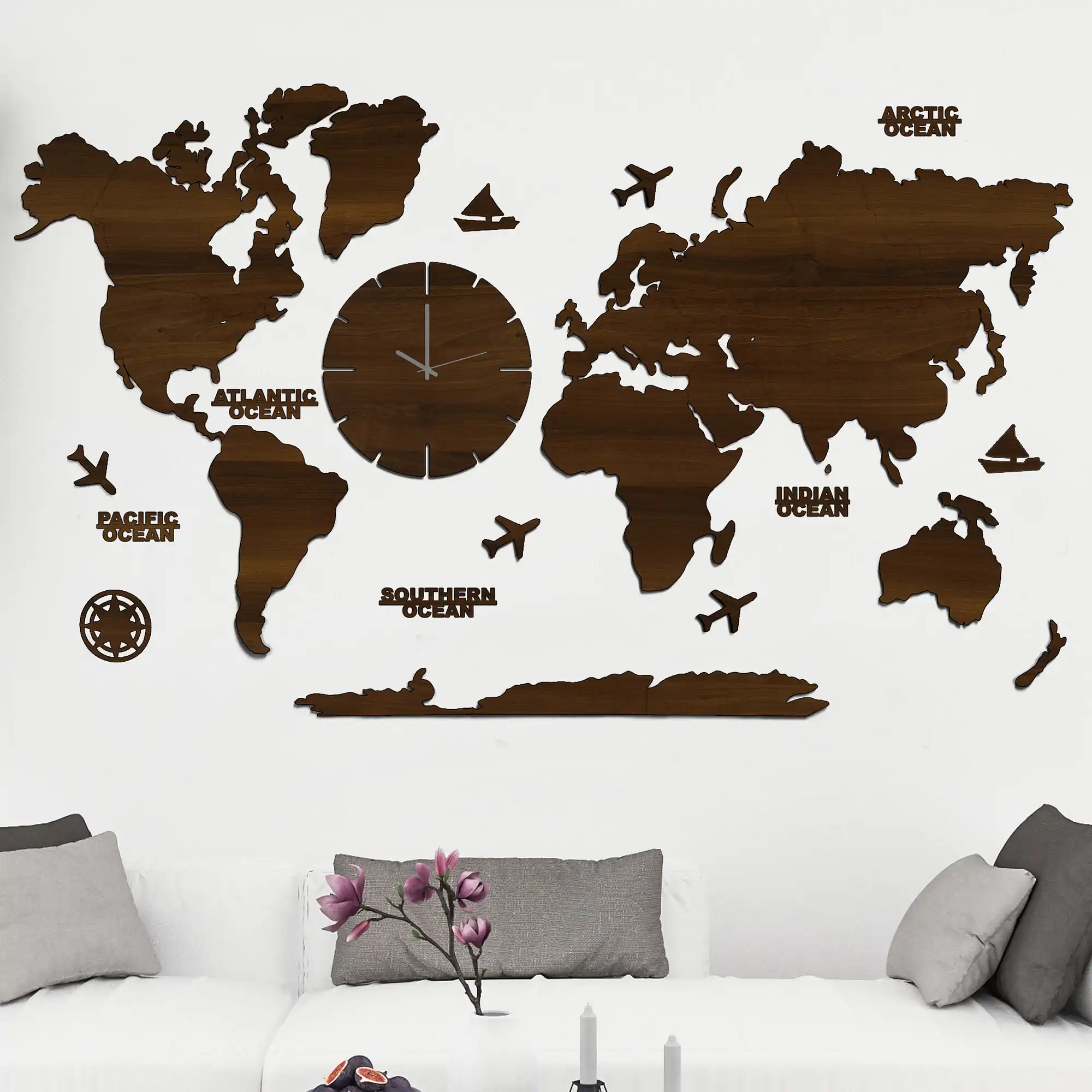 large wall clock with world map design dark walnut finish mi wrldclk 26 other 1 large wall clock with world map design dark walnut finish mi wrldclk 26 other 1