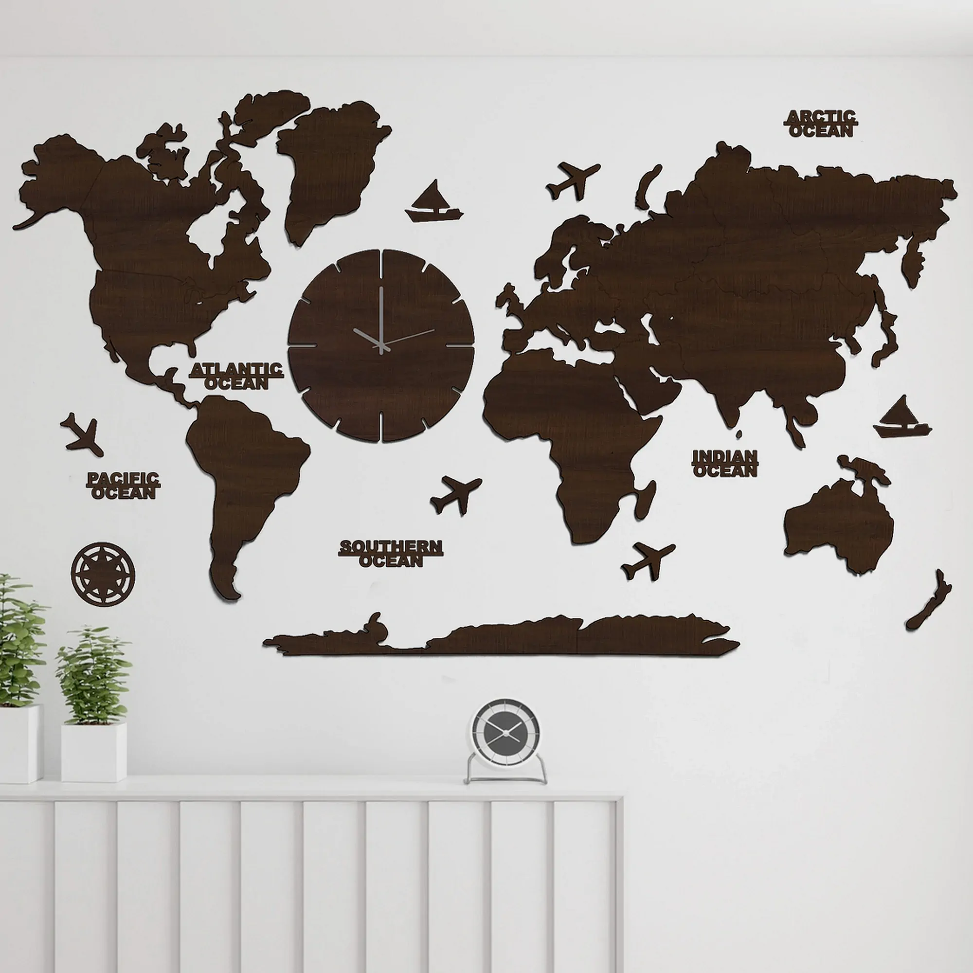 statement wall clock with world map art red wood finish mi wrldclk 27 other 1