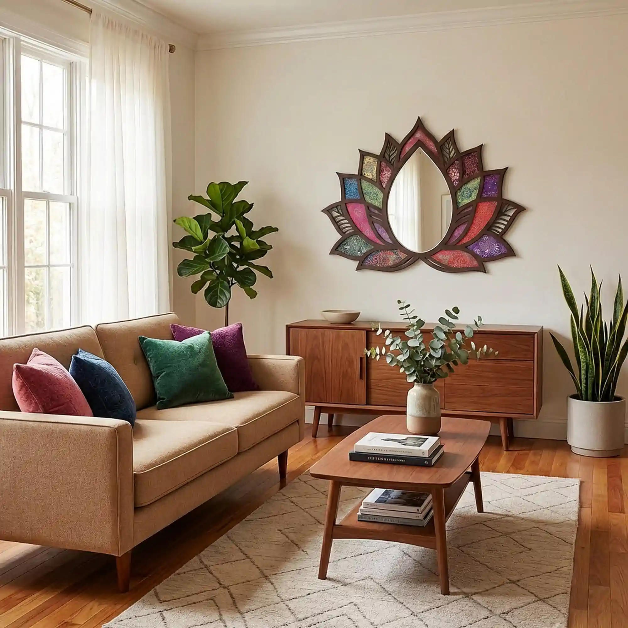Decorative Lotus Mandala Wall Mirror Hanging in Living Room