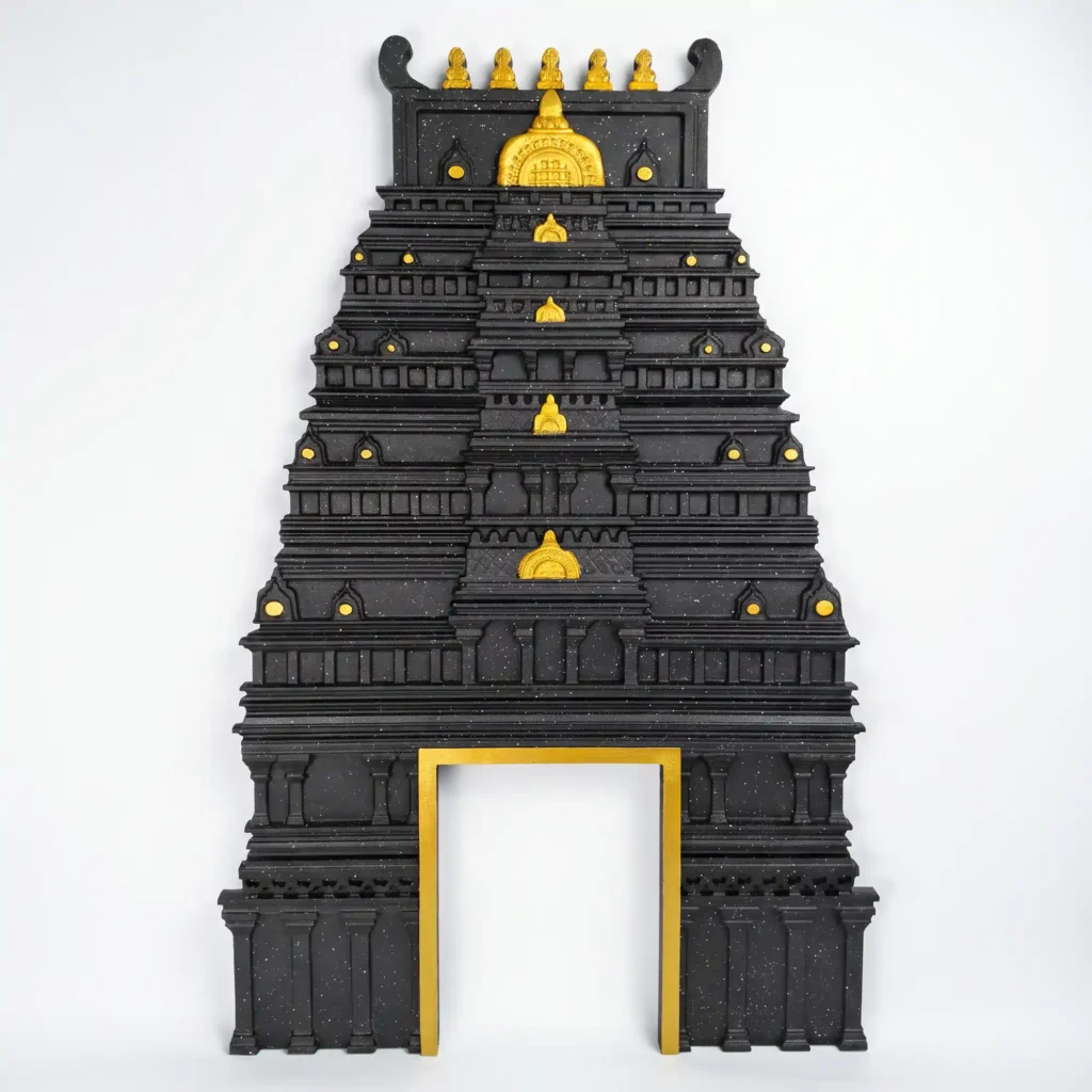 Black south indian gopuram with gold accent