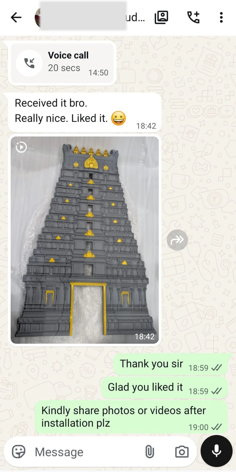 Rawdius Customer WhatsApp feedback confirming arrival of detailed grey and gold gopuram piece