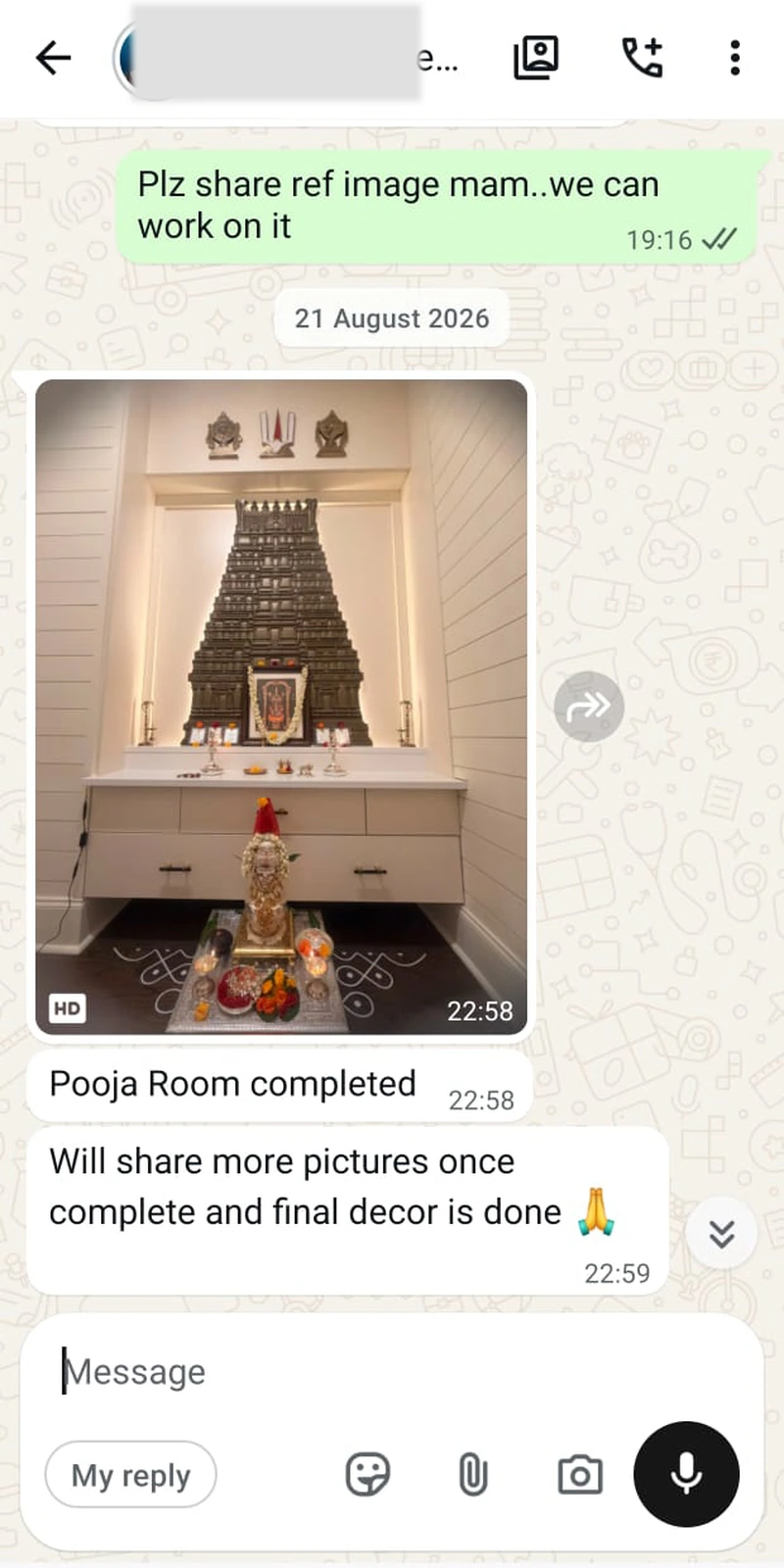 Rawdius Customer WhatsApp photo showing dark gopuram wall decor installed in pooja room