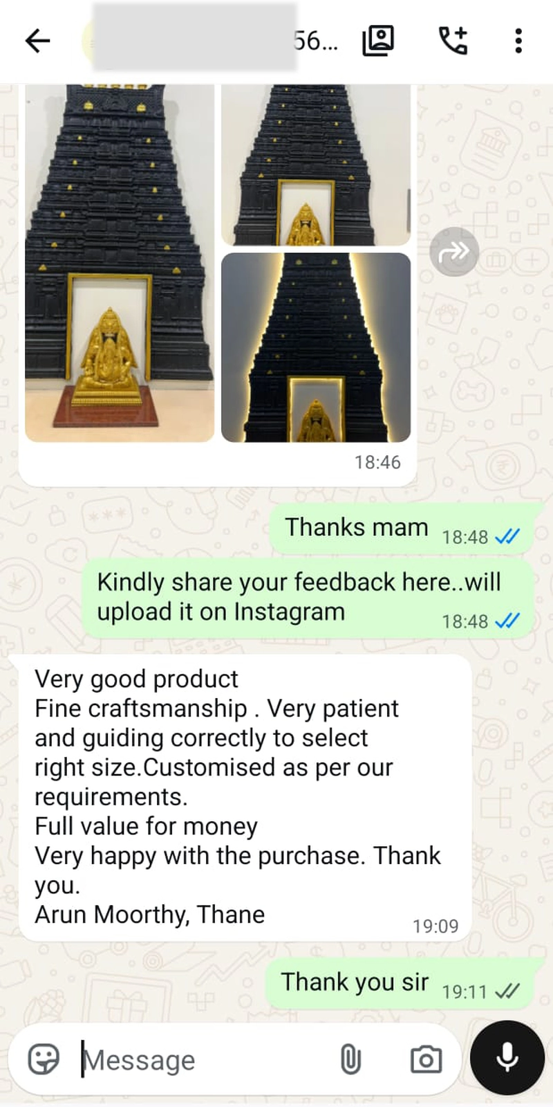 Rawdius Customer WhatsApp review praising fine craftsmanship, customization, and guidance for gopuram order