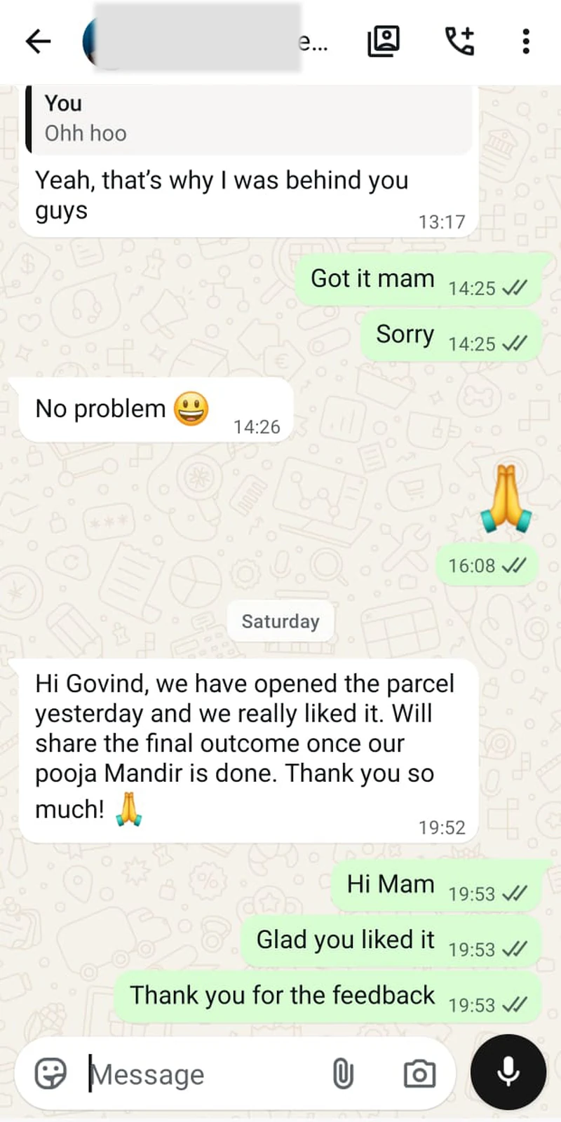 Rawdius Customer WhatsApp review praising product packaging and delivery