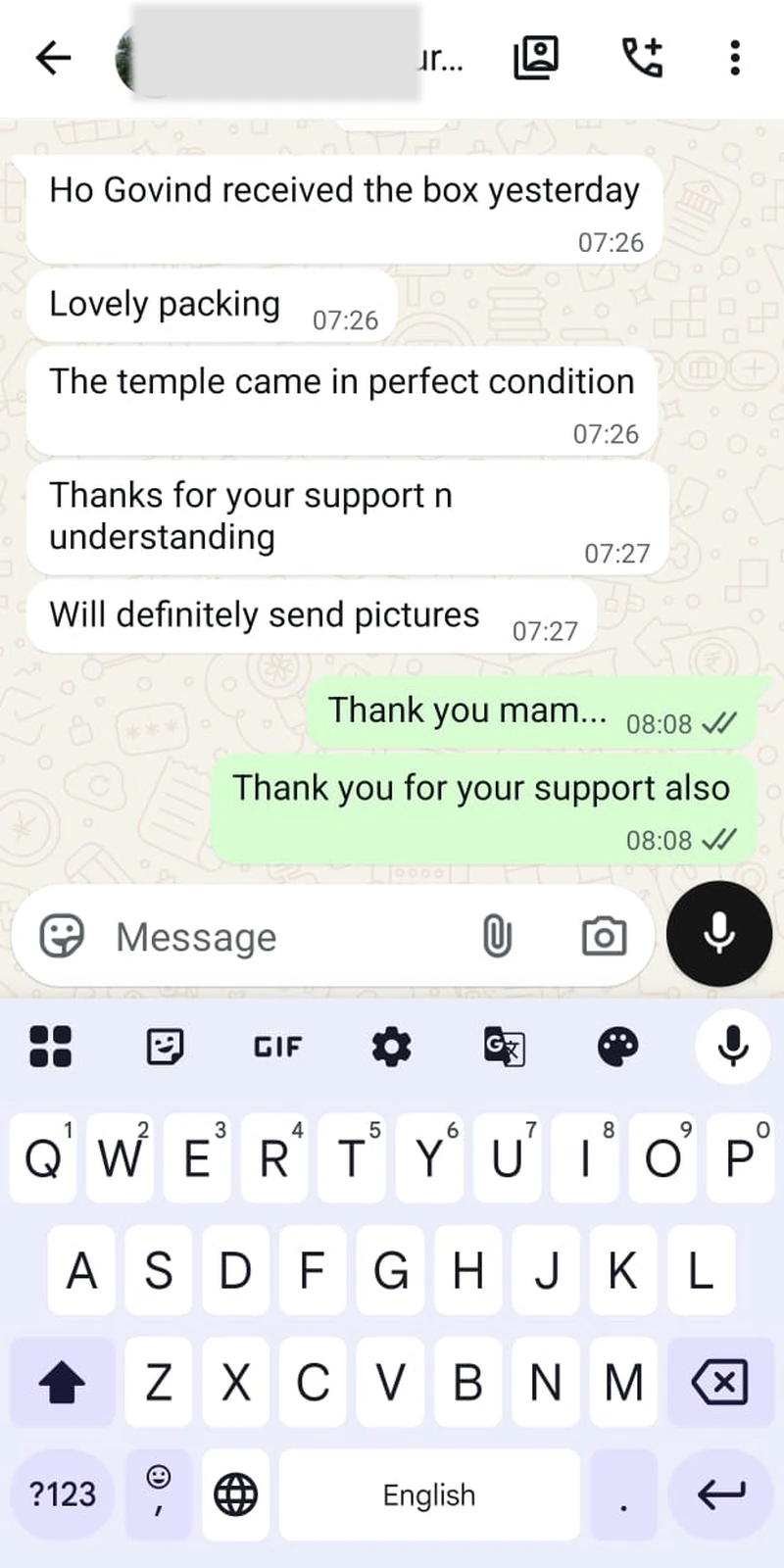 Rawdius Customer WhatsApp review praising safe packaging and perfect condition of temple decor
