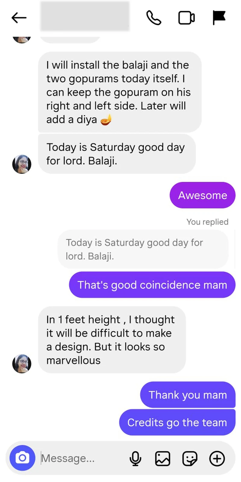 Rawdius Customer feedback praising detailed 1 foot Balaji gopuram design