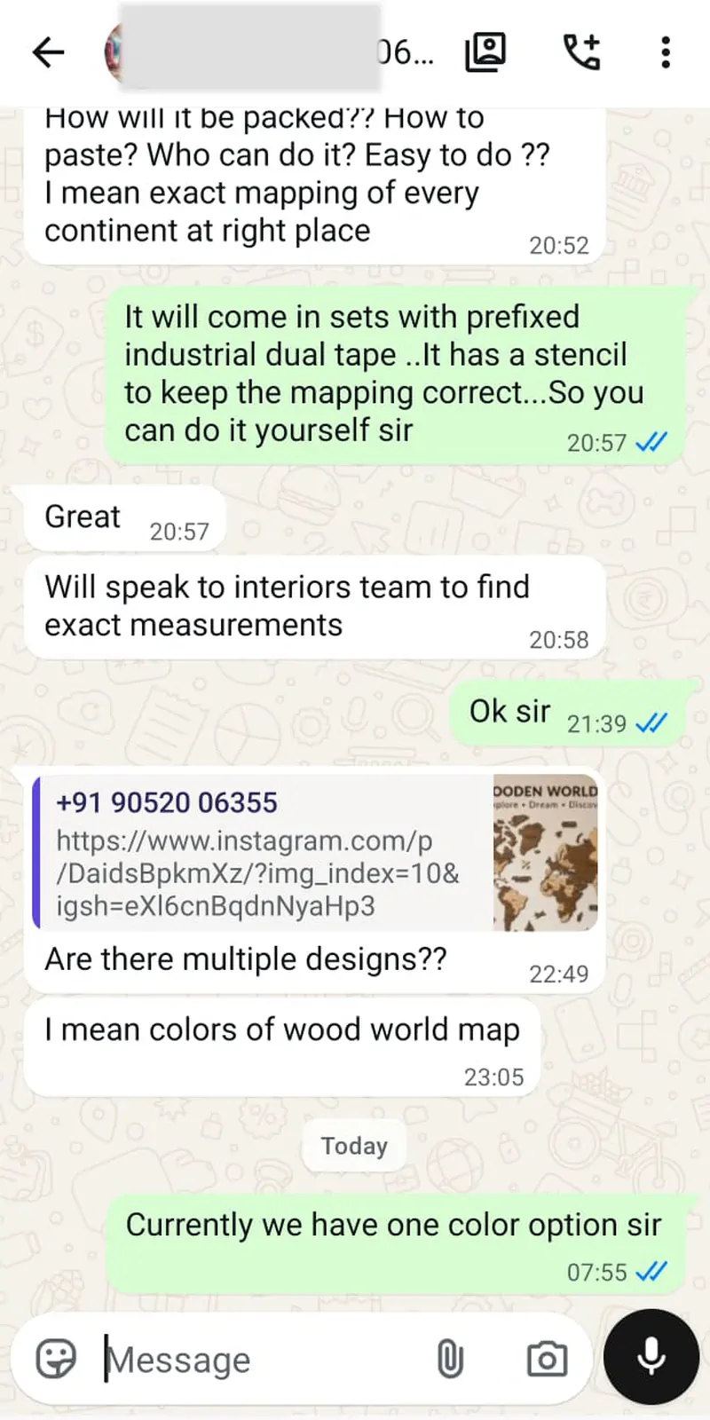 Rawdius Customer inquiry chat regarding wooden world map assembly and color options