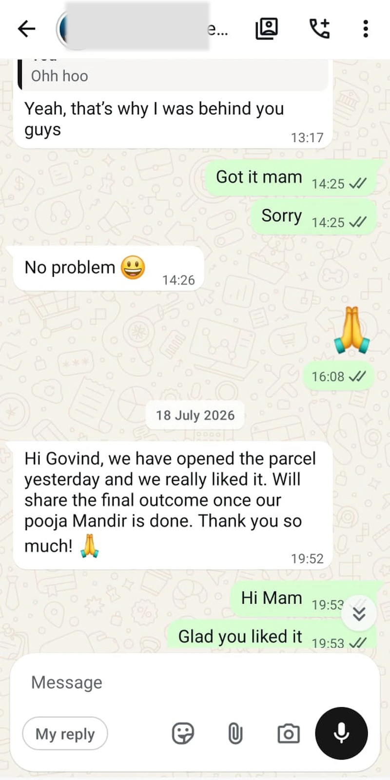 Rawdius Customer message confirming delivery of home mandir decor