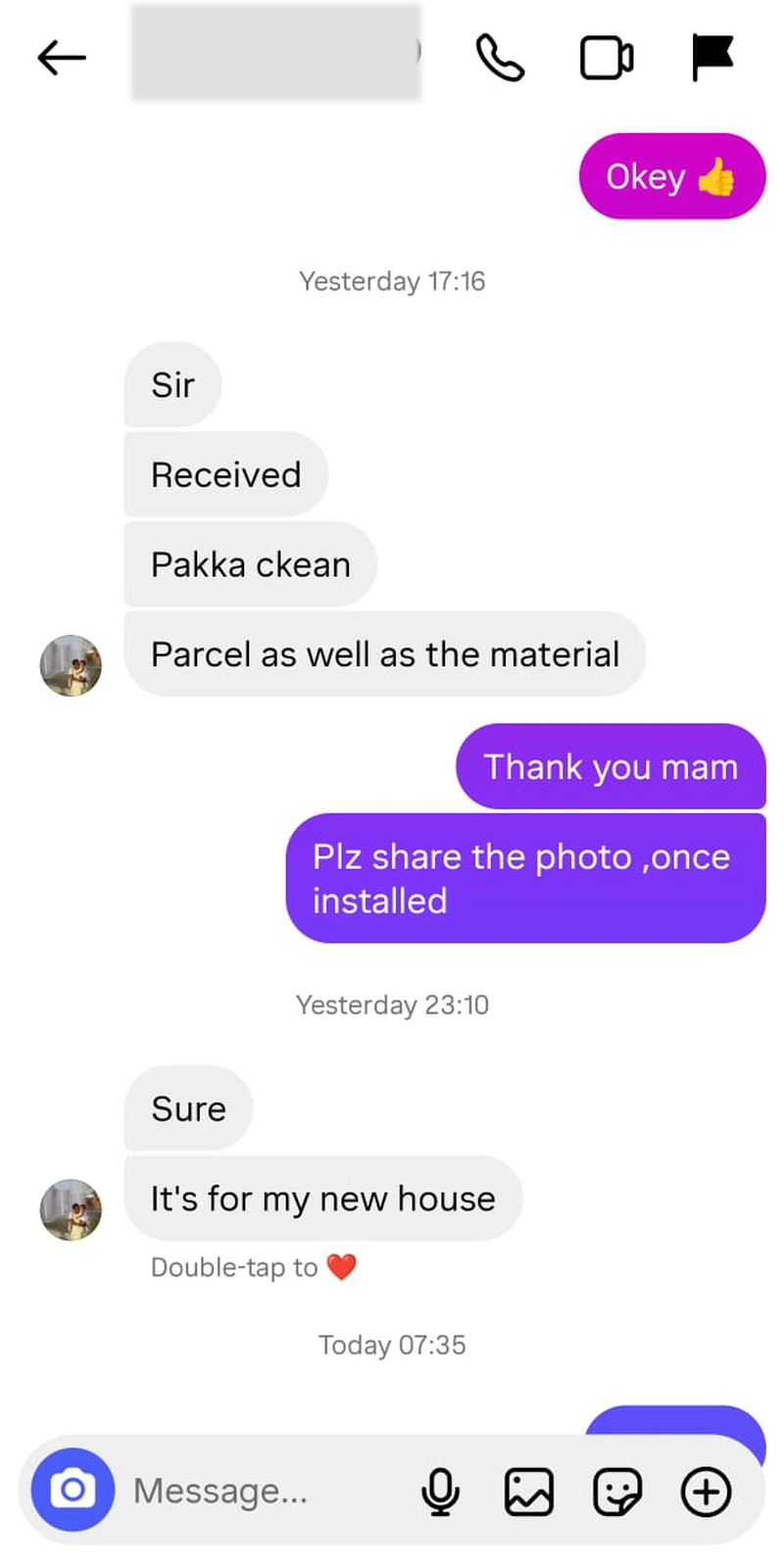 Rawdius Customer review praising parcel delivery and material for new home