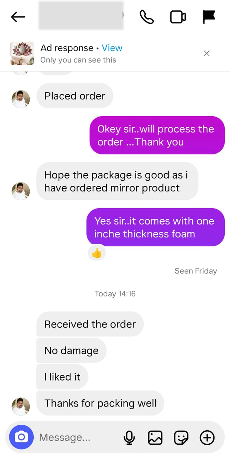 Rawdius Customer review praising safe packaging and foam protection for mirror product