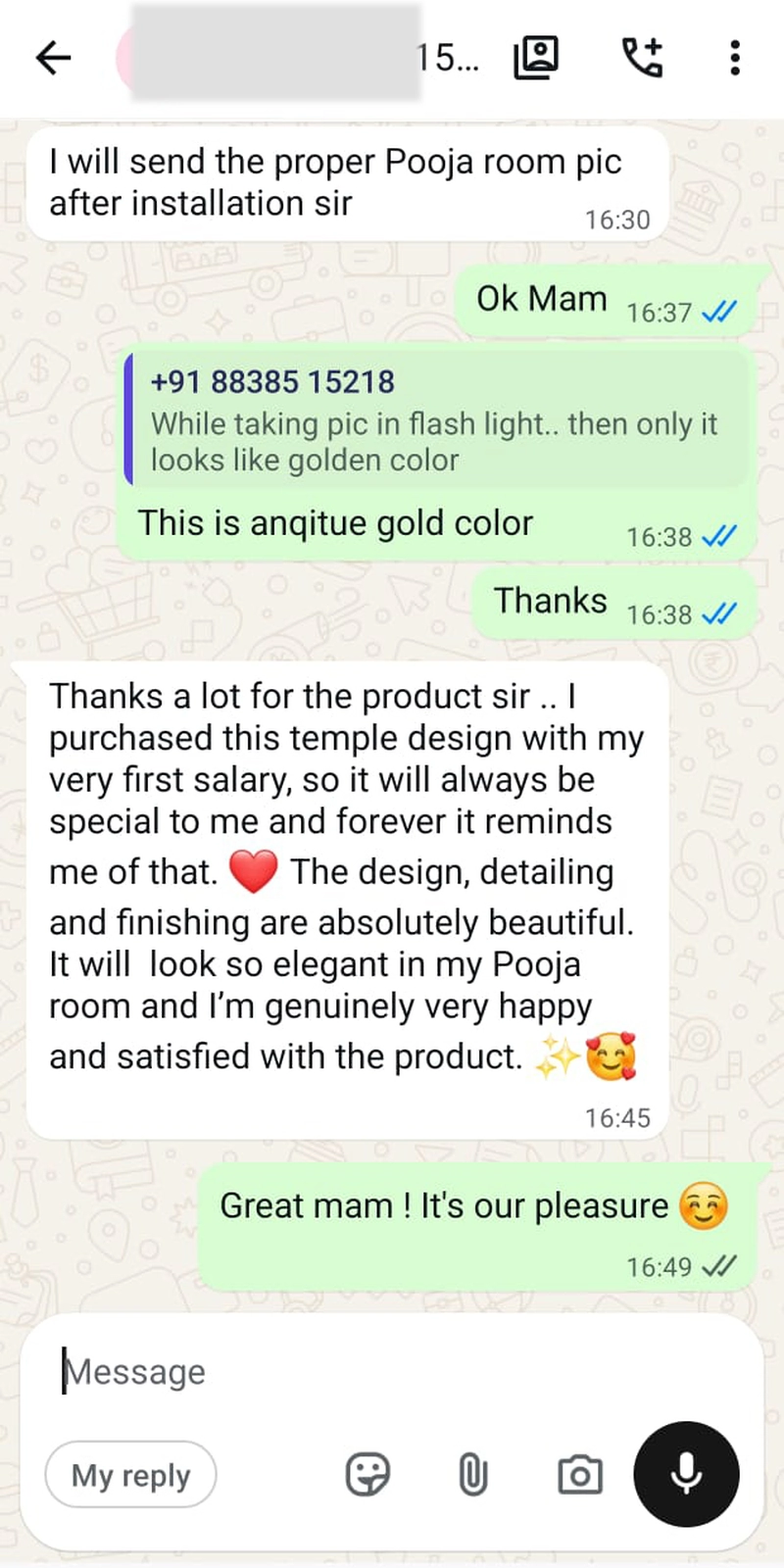 Rawdius Customer testimonial for antique gold temple pooja room design