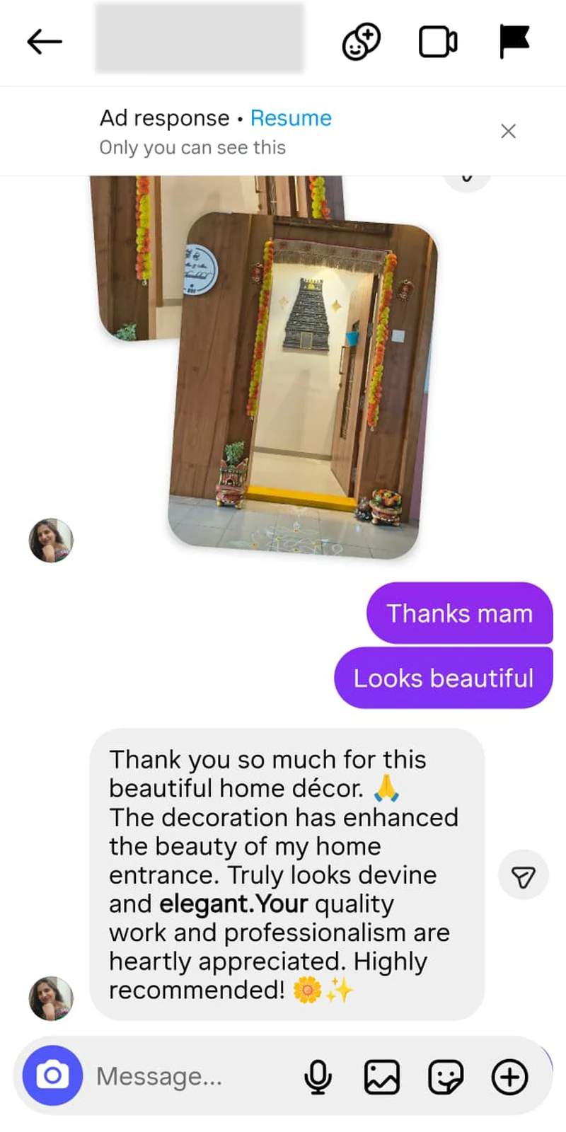 Rawdius Customer testimonial praising divine home entrance gopuram decor and professional quality