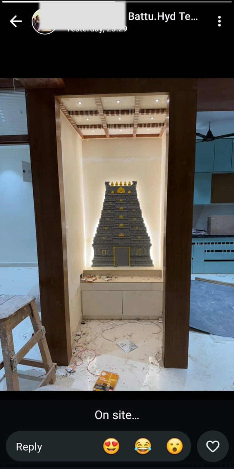 Rawdius Gopuram Customer Installation Under construction pooja alcove featuring a backlit grey gopuram wall piece