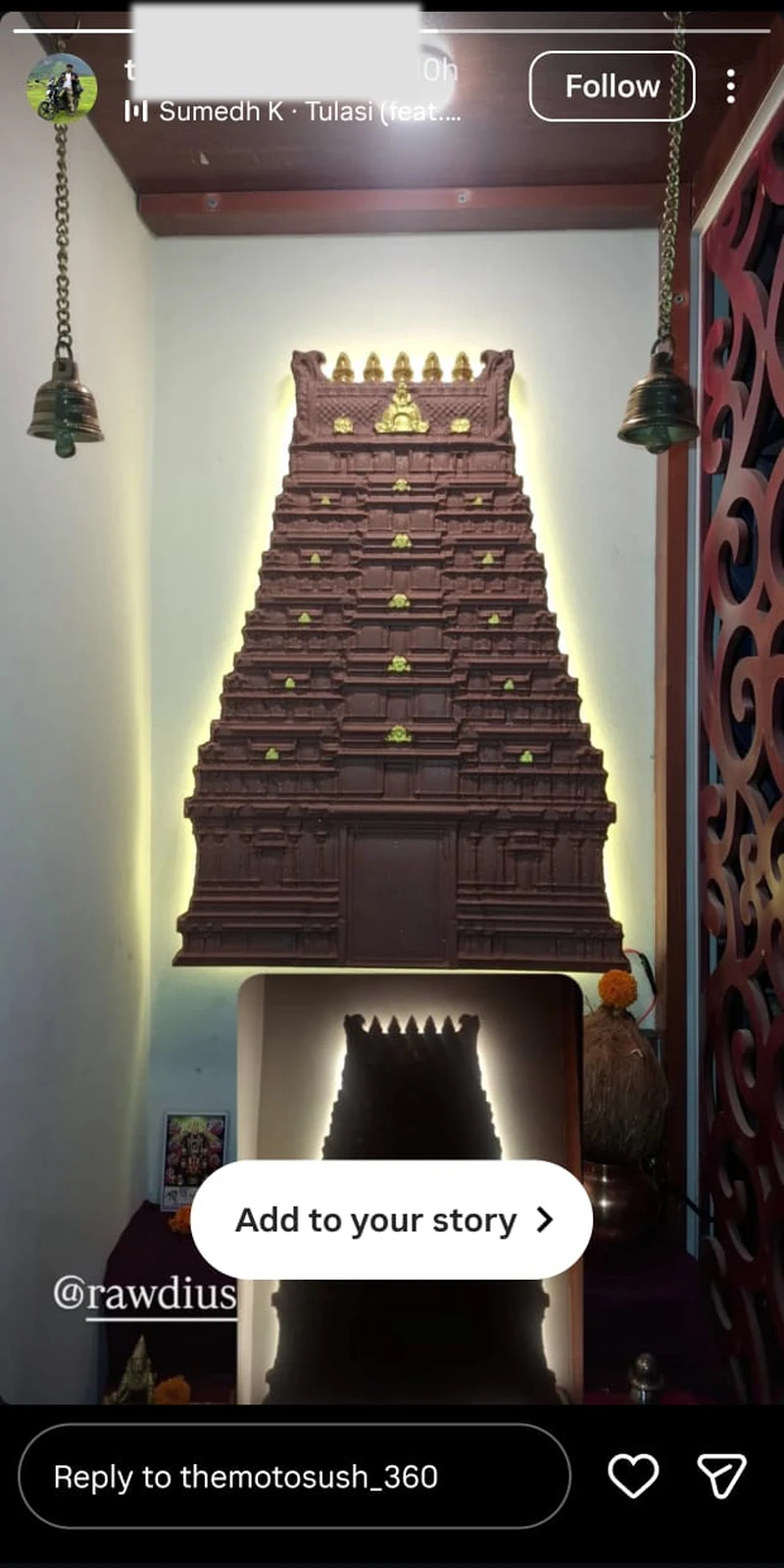 Rawdius Gopuram Customer Installation Woman praying before a backlit brown gopuram temple backdrop in a pooja room