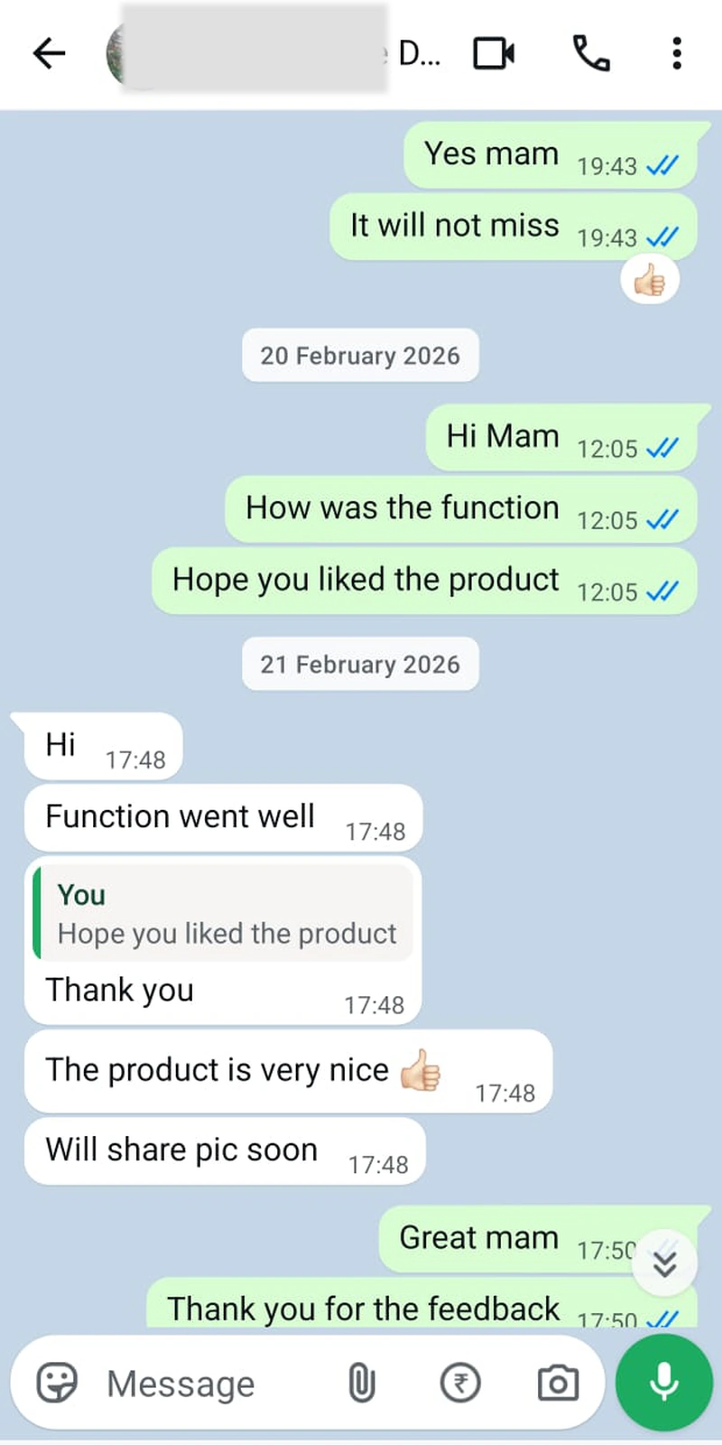 Rawdius WhatsApp review screenshot praising product quality